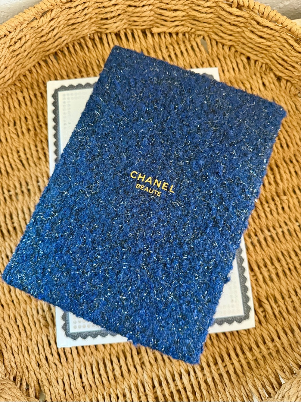 CHANEL Blue Textured Tweed Notebook with Gold Logo